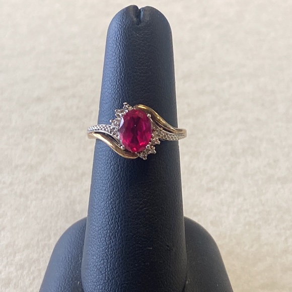 10k yellow gold and sterling silver 925 ruby / diamond ring size 6 - Picture 2 of 7